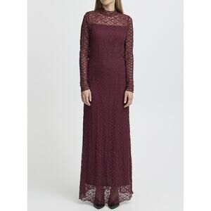 Ichi IHPERLA Burgundy Lace Maxi Dress Mock Neck Lettuce Hem Long Sleeve Size L
